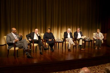 A Path to Equality: The Impact of the Civil Rights Acts of the 1960s; from left to right: Michael Steele, former Chairman of the Republican National Committee and Lieutenant Governor of Maryland; Jim Jones, former Chief of Staff to President Johnson, Congressman, and Ambassador to Mexico; Carol Moseley Braun, former Senator and Ambassador to New Zealand and Samoa; Charles Ferris, former Chairman of the FCC; moderator Todd Purdum, writer at Politico; and Eleanor Holmes Norton, Congresswoman for the District of Columbia