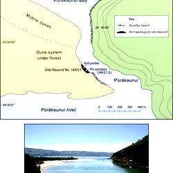 Māori archaeological midden site no. I44/21 at Pūrākaunui.