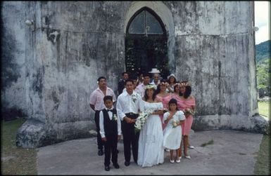 Wedding party outside church, Rarotongan wedding