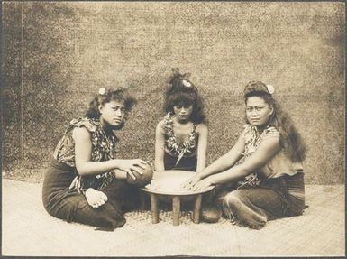 Three women with kava bowl. From the album: Photographs of Apia, Samoa