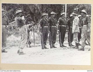 HONGORAI RIVER, BOUGAINVILLE, 1945-07-04. HIS ROYAL HIGHNESS, THE DUKE OF GLOUCESTER, GOVERNOR-GENERAL OF AUSTRALIA (7) SPEAKING TO FORWARD TROOPS FROM 3 DIVISION AREA