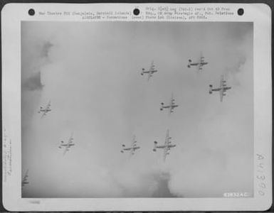 Formation Of Consolidated B-24 "Liberators" Of The Vii Bomber Command Over Kwajalein, Marshall Islands, 3 August 1944. This Is A Practice Formation To Test New Formation Shown By Lt. Colonel Earl R. Task Of Aaf Board, Orlando, Florida. (U.S. Air Force Number 63832AC)