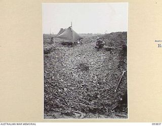 YAMIL AREA, NEW GUINEA, 1945-07-06. PRIVATE J.A. MORTON, 14 PLATOON, C COMPANY, 2/5 INFANTRY BATTALION BESIDE HIS TENT WHICH IS PITCHED ON TOP OF A SHELL CRATER. THIS 15 FOOT HOLE, MADE BY A 500 ..