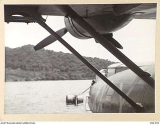 NANTAMBU, NEW BRITAIN. 1945-07-26. A ROYAL NEW ZEALAND AIR FORCE CATALINA LYING AT ANCHOR. AIR TRAVEL IS, AT THE MOMENT, THE ONLY MOVEMENT POSSIBLE FROM JACQUINOT BAY TO FORWARD AREAS