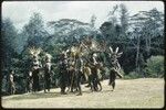 Pig festival, singsing, Kompiai: Ndega men in feather headdresses on dance ground with drums, bows and arrows