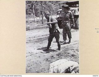 TOROKINA, BOUGAINVILLE. 1945-09-23. AM AISTRA;OAM PFFOCER ESCPRTS TJE ;AST ARROVA; PF JAPANESE NAVAL TROOPS WHO HAVE JUST FINISHED A 10-MILE MARCH FROM THE BUKA AREA, ESCORTED BY TROOPS OF 27 ..