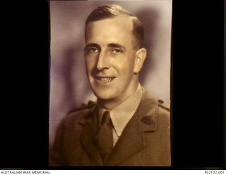 Studio portrait of DX850 Captain Aubrey Oswald Baldwin. Baldwin was awarded the Military Cross for his actions at Lakona, Greece, on 16 December 1943. As commanding officer of C Company, 22nd ..