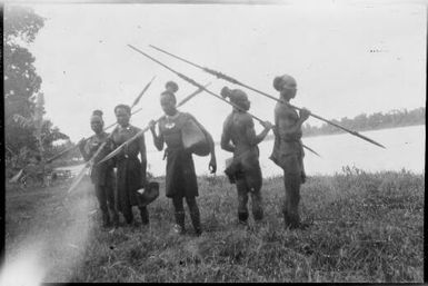 Five men holding spears, Ramu River, New Guinea, 1935, 2 / Sarah Chinnery