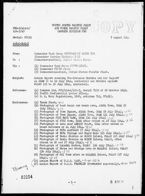 COMTASK-GROUP 58.2 - Report Covering Pre-Invasion Strikes and Air Support at Guam Is, Marianas and Strikes against Palau Islands - Period 7/6-30/44