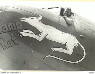 CAPTAIN FRANK CHURCH, PILOT OF THE "SWAMP RAT", A DOUGLAS C47 AIRCRAFT OF THE UNITED STATES 5TH AIR FORCE, IN THE AIRCRAFT'S COCKPIT. THIS AIRCRAFT, AFTER MAKING THE INITIAL LANDING ON THE NEW ..