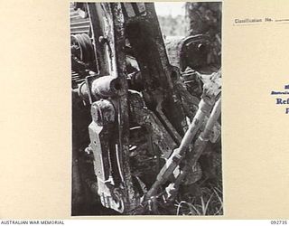 WEWAK AREA, NEW GUINEA, 1945-05-28. A WINCH-LIKE ATTACHMENT ON THE REAR OF A KNOCKED OUT JAPANESE TYPE 97 CHI-HA ENGINEERING RECOVERY TANK WHICH WAS FOUND NEAR BORAM IN THE HQ 6 DIVISION AREA