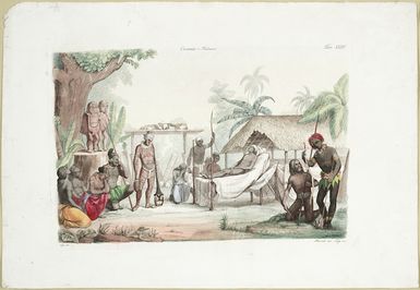 Casa, G., fl 1830s-1840s :Oceania-Polinesia [Mourners around a chief's death-bed] / Casa dis. Bernati dir. Lago inv. Tav. XXXV [1843]