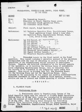 COM GENERAL EXPEDITIONARY TROOPS, PALAU OP - Secret Rep of 10/12/44 - Final Rep on Palau Op, 9/15/44 - 10/9/44