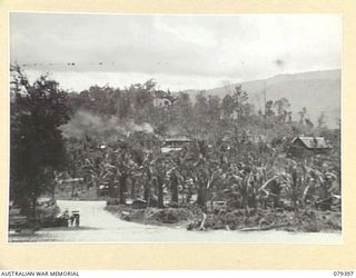 WUNUNG PLANTATION, NEW BRITAIN. 1945-02-27. PART OF A PANORAMA OF THE PLANTATION AREA SHOWING THE BONDI BEACHHEAD WITH THE 105TH CASUALTY CLEARING STATION ON THE HILL IN THE BACKGROUND. JOINS ..