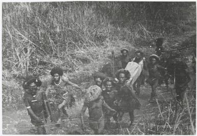 Dan Leahy carried back to Mount Hagen, Papua New Guinea, ca. 1934