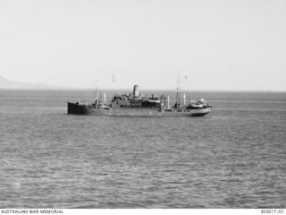 1943-11-26. AERIAL PORT SIDE VIEW OF THE DUTCH CARGO STEAMER BOTH. A 12 POUNDER AA GUN IS MOUNTED ON THE STERN WITH LIGHT AA GUNS IN THE BRIDGE WINGS. THE BOTH OFTEN CARRIED AUSTRALIAN TROOPS, ..