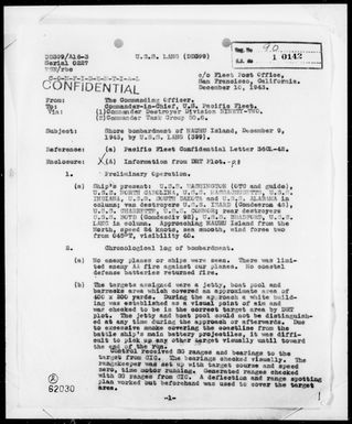 USS LANG - Act. Rep., Bombardment of Nauru Is., 12/9/43.