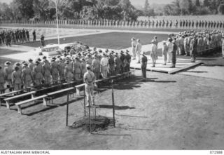 LAE, NEW GUINEA. 1944-04-23. NX8 LIEUTENANT-GENERAL SIR LESLIE MORSHEAD, KCB, KBE, CMG, DSO, ED, GOC, SECOND AUSTRALIAN ARMY & GOC NEW GUINEA FORCE, CONDUCTING THE DEDICATION CEREMONY AT THE LAE ..