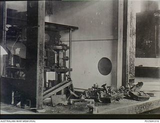 Fanning Island. 7 September 1914. One of the least damaged cable instruments in the Engine Room of the Pacific Cable Board on Fanning Island after German Marines tried to destroy the instruments ..