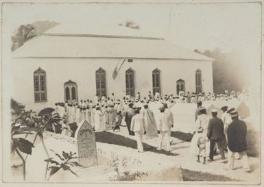 Ngatangiia Church exterior with large congregation. From the album: Cook Islands