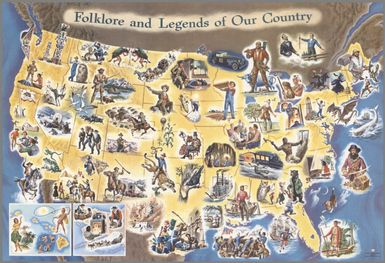 Folklore and legends of our country. Soltesz. (Copyright) 1960, Esso Standard; Division of Humble Oil & Refining company, 15 West 51 Street, New York 19, N.Y. (Insets: Alaska and Hawaii). (On verso: pictorial road map of Atlantic and Gulf states), (with text) Treasuries of America. (Cover title) Folklore and legends of our country.