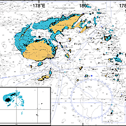 Particle dispersal simulation study area bathymetric chart and hydrodynamic model seed area polygons (inset).