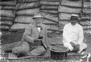 Photograph of Richard John Seddon and King Malietoa Laupepa taking kava