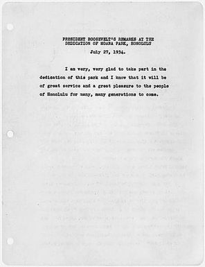 President Roosevelt's remarks at the dedication of Moana Park, Honolulu