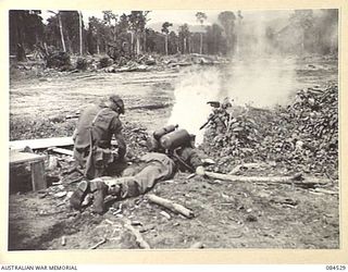 BOUGAINVILLE, SOLOMON ISLANDS. 1944-12-21. A UNITED STATES M1A1 FLAME THROWER BEING IN OPERATING DURING AN INSTRUCTION COURSE AT HEADQUARTERS 3 DIVISION ARRANGED BY THE 132 UNITED STATES INFANTRY ..