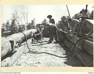 KALUMALAGI RIVER, NEW BRITAIN. 1945-02-12. TROOPS OF THE 17TH FIELD COMPANY, WORKING ON THE CONSTRUCTION OF THE NEW 30 TON BARGE SLIPWAY NEAR THE MOUTH OF THE RIVER