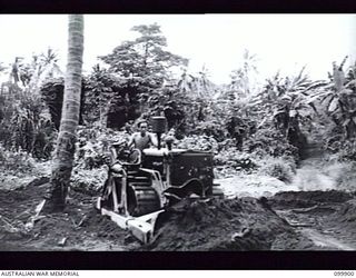 RABAUL, NEW BRITAIN, 1946-03-22. A DRIVER OF 51 FIELD PARK COMPANY, ROYAL AUSTRALIAN ENGINEERS, USING A DC4 BULLDOZER DURING ROAD WIDENING OPERATIONS IN THE AREA