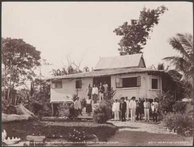Local people gathered outside the mission house at Maravovo, Guadalcanar, Solomon Islands, 1906 / J.W. Beattie