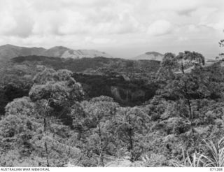 WAREO AREA, NEW GUINEA. 1944-03-18. ONE OF TWO PHOTOGRAPHS FORMING A PANORAMA VIEWING NORTH TOWARDS FORTIFICATION POINT FROM THE 2,200 FEET FEATURE. (JOINS WITH NO.71269)
