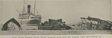 Gaunt, twisted wreckage recalls historic hurricane which swept Apia Harbour, Samoa, half-a-century ago