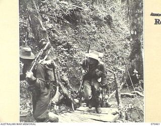 KANKIRYO SADDLE, FINISTERRE RANGE, NEW GUINEA, 1944-02-15. MEMBERS OF "B" COMPANY, 57/60TH INFANTRY BATTALION MOVING UP KANKIRYO SADDLE ALONG STEPS CUT BY THE 2/9TH BATTALION. "B" COMPANY IS ON THE ..