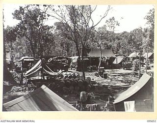BOUGAINVILLE. 1945-09-01. A GENERAL VIEW OF 2/4 ARMOURED REGIMENT WORKSHOP, SHOWING THE ARRANGEMENT FOR SERVICING UNIT TANKS IN FORWARD AREAS