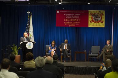 Asian American and Pacific Islanders (AAPI) Heritage event at HUD headquarters, with Hawaii Senator Daniel Inouye and Washington, D.C. television news anchor Eun Yang [among the guest speakers,] and Secretary Shaun Donovan and Deputy Secretary Ron Sims [among the HUD senior officials on hand]