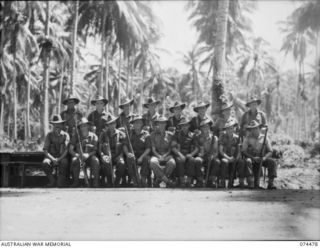 MADANG, NEW GUINEA. 1944-07-03. STRETCHER BEARERS AND REGIMENTAL AID POST STAFF OF THE 24TH INFANTRY BATTALION. IDENTIFIED PERSONNEL ARE:- PRIVATE H. WELLMAN (1); PRIVATE P. HEWITT (2); CORPORAL W. ..