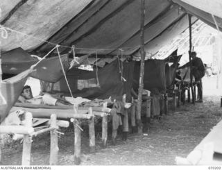 KOROPA, NEW GUINEA. 1944-02-03. PRIVATE W. ECCLES, AN ORDERLY OF THE 15TH FIELD AMBULANCE (1) PICTURED IN THE 12 BED SURGICAL WARD AT THE ADVANCED DRESSING STATION. BEDRIDDEN PATIENTS ARE KEPT ..