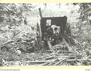 ALEXISHAFEN, NEW GUINEA. 1944-04-30. A ABANDONED JAPANESE 75MM MOUNTAIN GUN WHICH HAD BEEN AGAINST ALLIED FORCES DURING THEIR ADVANCE. COCONUTS LIE GROUPED ALONGSIDE THE WEAPON