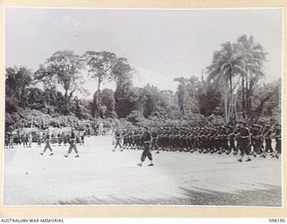 TOROKINA, BOUGAINVILLE. 1945-10-22. A CEREMONIAL PARADE AND MARCH PAST BY 29 INFANTRY BRIGADE WAS HELD FOR MAJOR GENERAL W. BRIDGEFORD, GENERAL OFFICER COMMANDING 3 DIVISION, AT TOROKINA AIRFIELD. ..