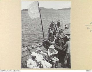 SORAKEN PENINSULA, BOUGAINVILLE. 1945-09-14. A MOTOR LAUNCH CARRYING MEMBERS OF HEADQUARTERS 2 CORPS, PREPARED FOR SURRENDER DISCUSSIONS WITH THE JAPANESE AT A SEA RENDEZVOUS OFF SORAKEN PENINSULA, ..