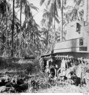 Australian manned M3 Stuart light tanks in action leading to the final assault on Buna, Papua, during which they crashed through a Japanese chain of heavily fortified pillboxes