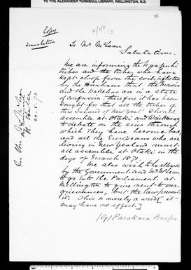 Letter from Parakaia Te Pouepa to McLean (with translation)