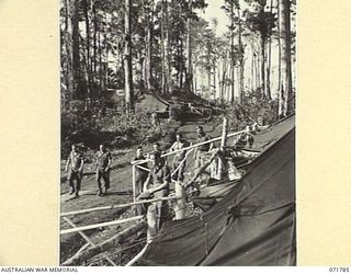 WAREO, PAPUA, NEW GUINEA, 1944-03-29. STAFF QUARTERS AT B COMPANY, 4TH FIELD AMBULANCE REST CAMP. THE QUARTERS ARE ON EACH SIDE OF THE ROAD WHICH LEADS TO KILIGIA