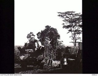 DONADABU, NEW GUINEA. 1943-11-09. TROOPS OF THE 9TH AUSTRALIAN WORKSHOP AND PARK COMPANY, ROYAL AUSTRALIAN ENGINEERS LOADING A TRUCK WITH WASTE TIMBER LENGTHS FROM THE EILOGO SAWMILL