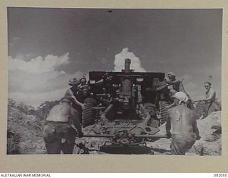 BOUGAINVILLE. 1945-05-16. GUNNERS OF 21 BATTERY, 2/11 FIELD REGIMENT, ROYAL AUSTRALIAN ARMY, PULLING A 25 POUNDER INTO A NEWLY DUG GUN PIT. THE REGIMENT HAS MOVED UP FROM TOKO TO SUPPORT 15 ..