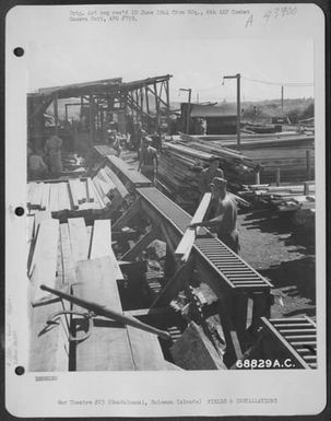 Finished Lumber Comes Down The Rollers From The Sawmill To Be Separated For Size And Piled Until Needed By Bases On Guadalacanal, Solomon Islands. (U.S. Air Force Number 68829AC)