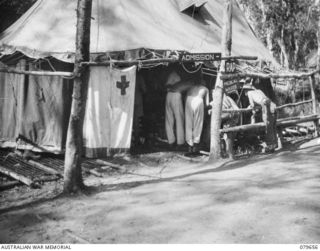 Oro Bay, New Guinea. 1943-04. The first Regimental Aid Post and Admission Room at the Main Dressing Station, 10th Field Ambulance, Australian Army Medical Corps