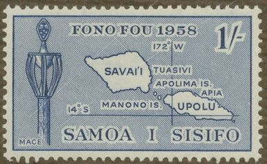 Stamp from Gösta Bodman’s philatelistic collection of motifs, begun in 1950.
Stamp from Samoa, 1958. Motif of map of Samoa Islands in Oceania.